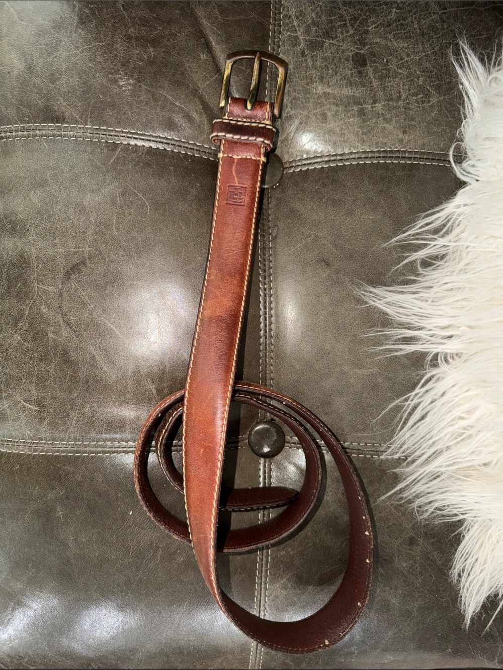 Lauren Ralph Lauren Brown Leather Men's Belt with Brass Buckle